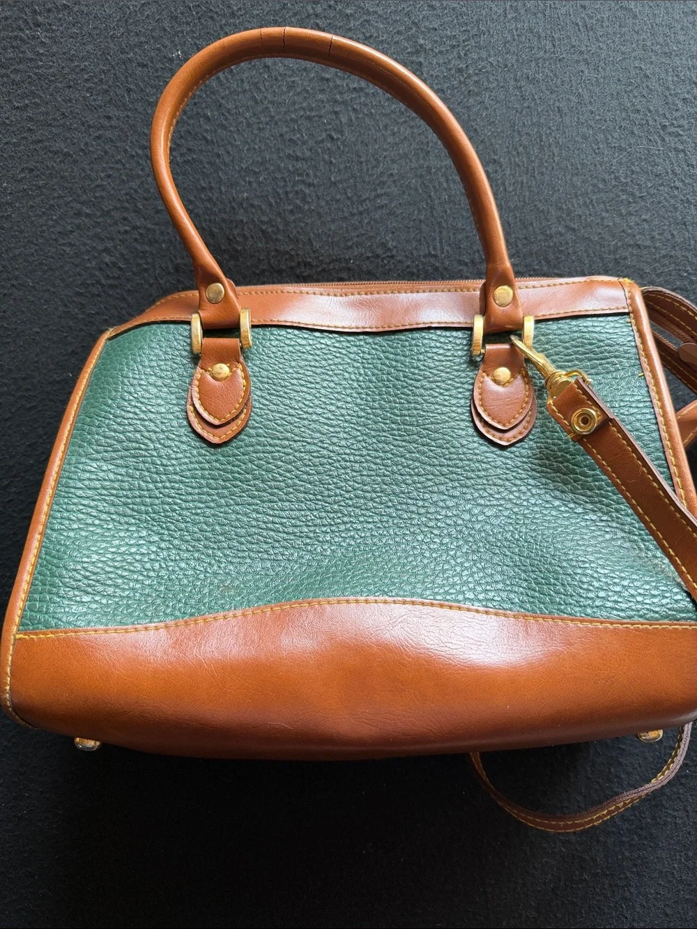 Green and Brown Pebbled Leather Satchel with Top Handle